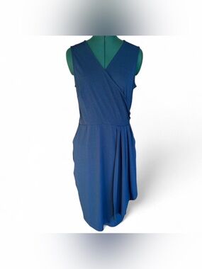 Betabrand Sleeveless Faux-Wrap Midi Dress in Navy Blue